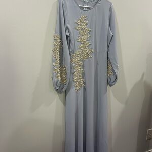 Embellished Long Sleeve Maxi Dress in Light Gray with Pearl Appliqué